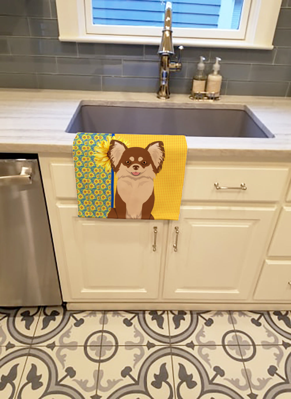 Summer Sunflowers Longhaired Chocolate and White Chihuahua Kitchen Towel - the-store.com