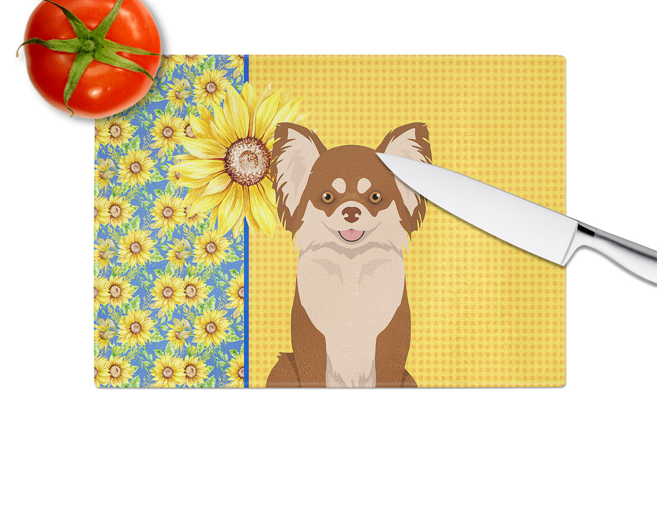 Summer Sunflowers Longhaired Chocolate and White Chihuahua Glass Cutting Board Large - the-store.com