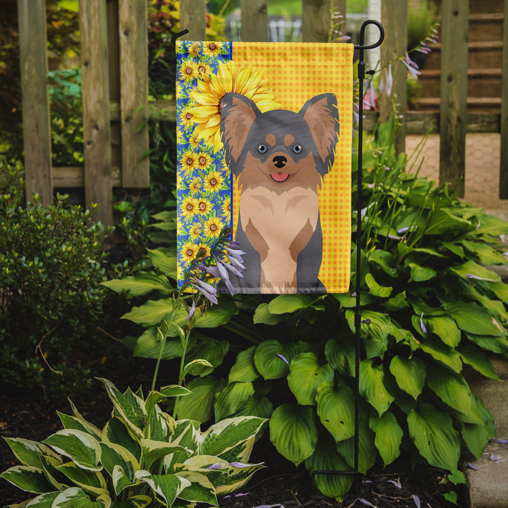 Summer Sunflowers Longhaired Blue and Tan Chihuahua Flag Garden Size  the-store.com.