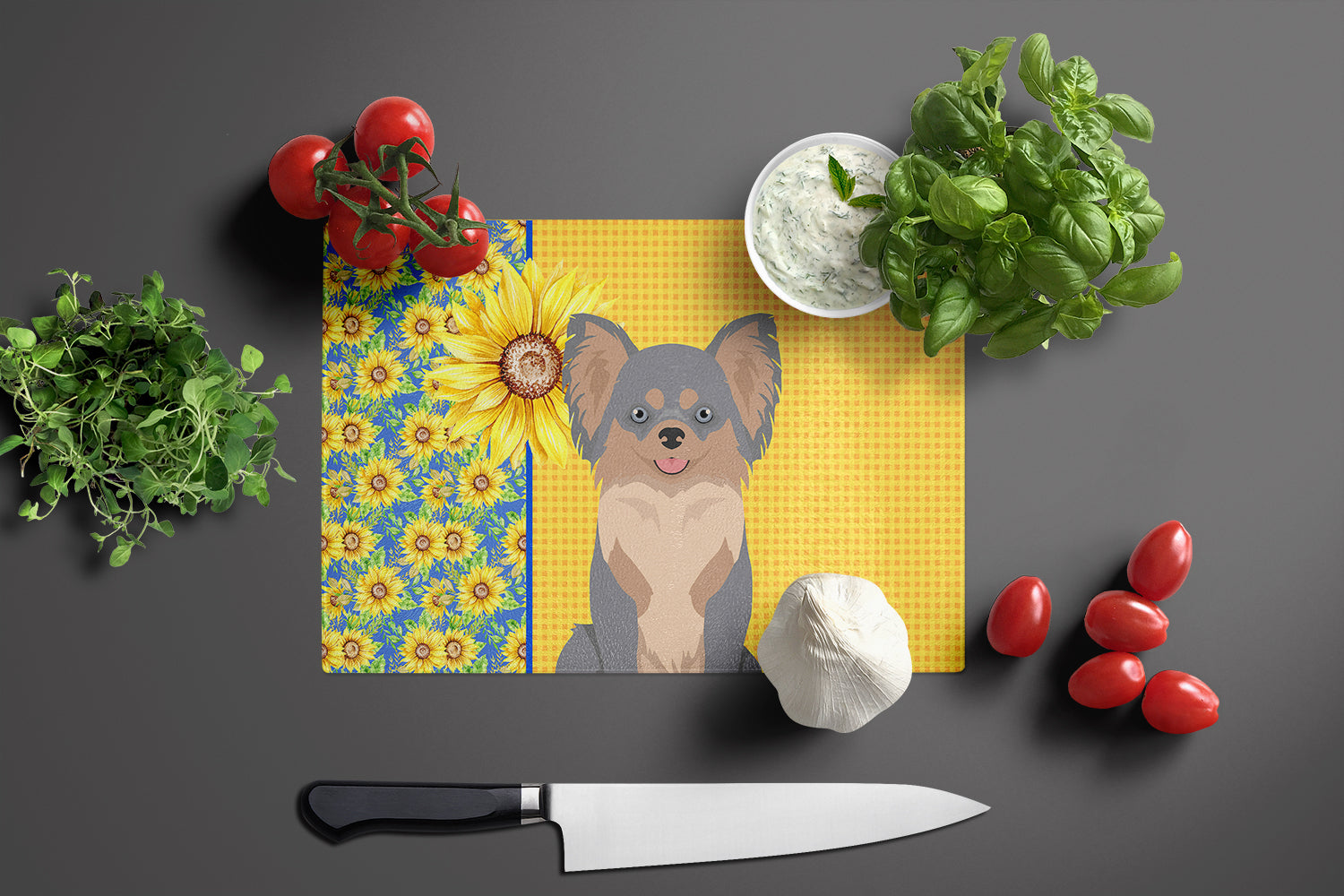 Summer Sunflowers Longhaired Blue and Tan Chihuahua Glass Cutting Board Large - the-store.com