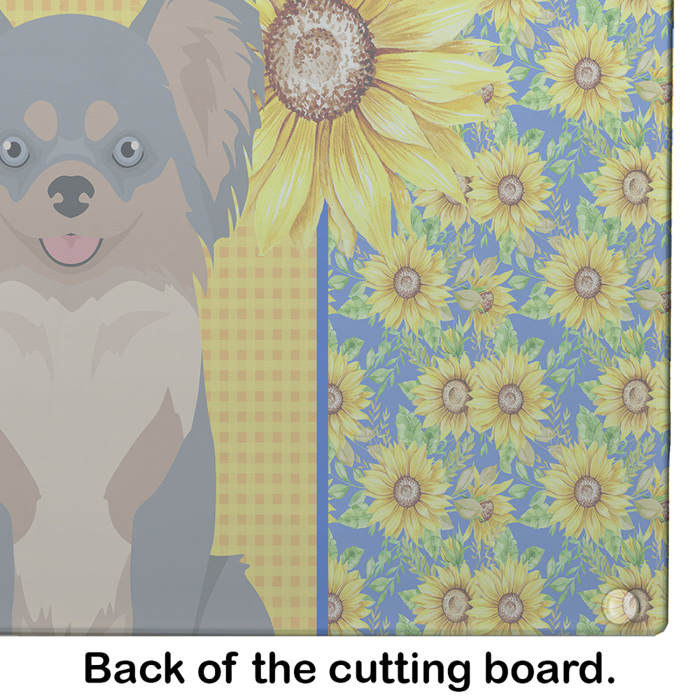 Summer Sunflowers Longhaired Blue and Tan Chihuahua Glass Cutting Board Large - the-store.com