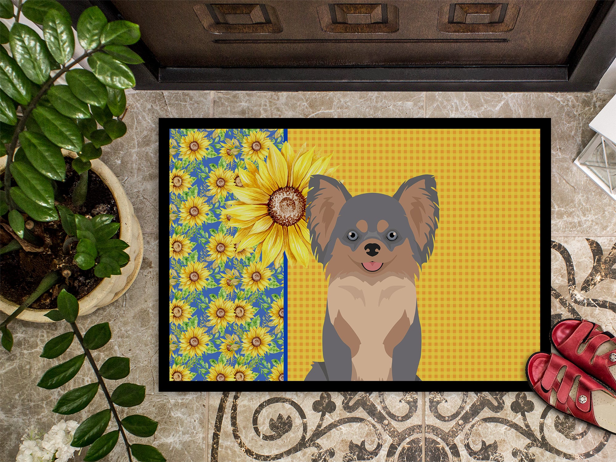 Summer Sunflowers Longhaired Blue and Tan Chihuahua Indoor or Outdoor Mat 18x27 - the-store.com