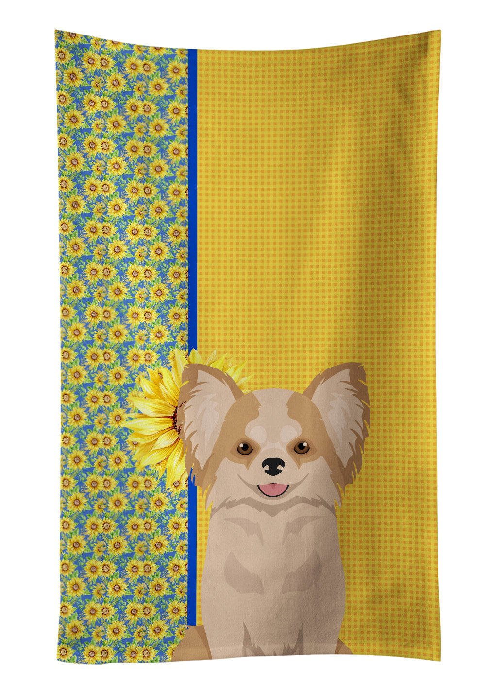 Buy this Summer Sunflowers Longhaired Gold and White Chihuahua Kitchen Towel