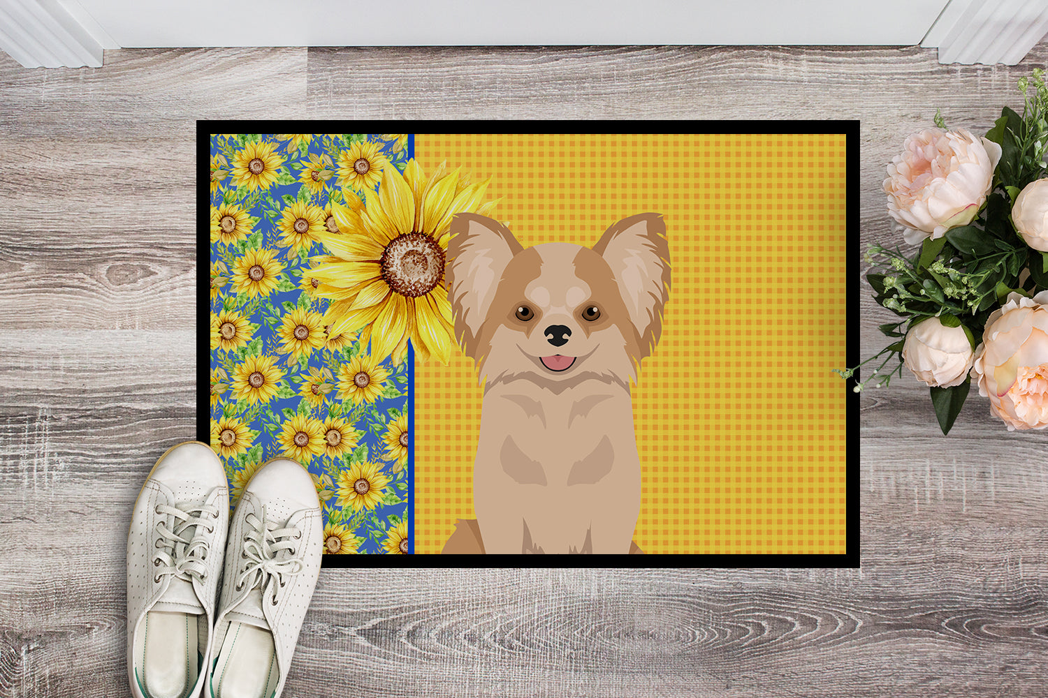 Buy this Summer Sunflowers Longhaired Gold and White Chihuahua Indoor or Outdoor Mat 18x27