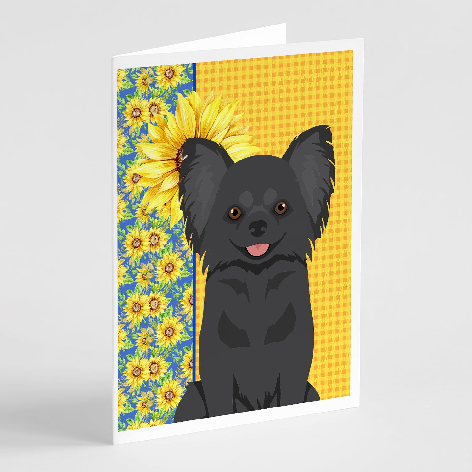 Buy this Summer Sunflowers Longhaired Black Chihuahua Greeting Cards and Envelopes Pack of 8