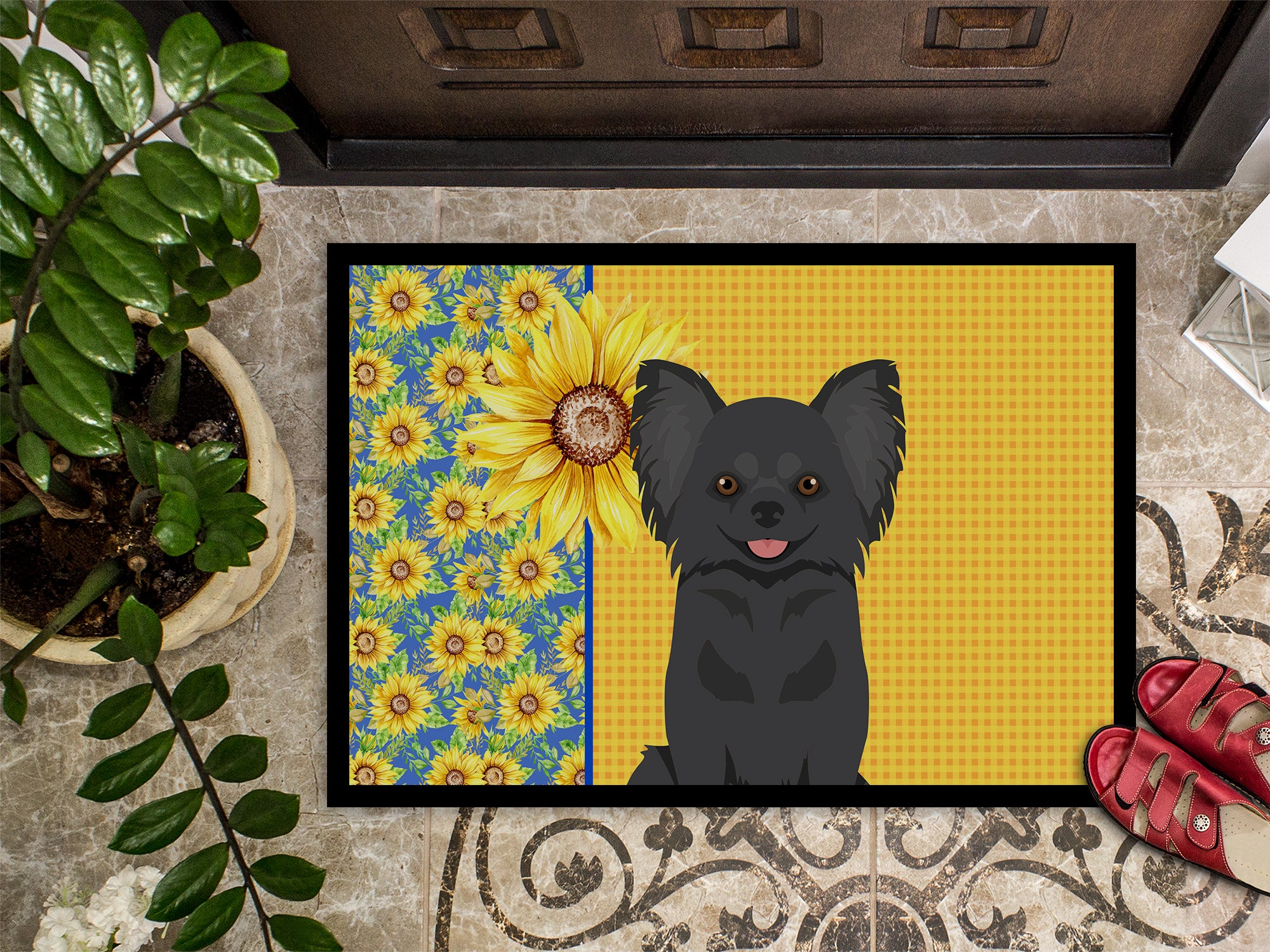 Summer Sunflowers Longhaired Black Chihuahua Indoor or Outdoor Mat 18x27 - the-store.com