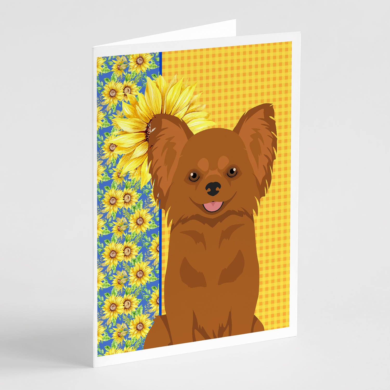 Buy this Summer Sunflowers Longhaired Red Chihuahua Greeting Cards and Envelopes Pack of 8