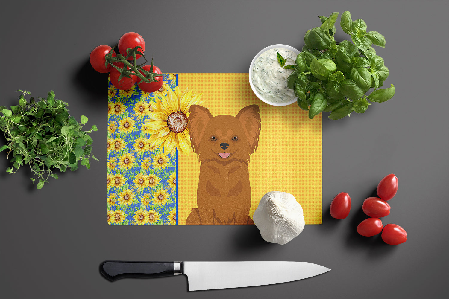 Summer Sunflowers Longhaired Red Chihuahua Glass Cutting Board Large - the-store.com