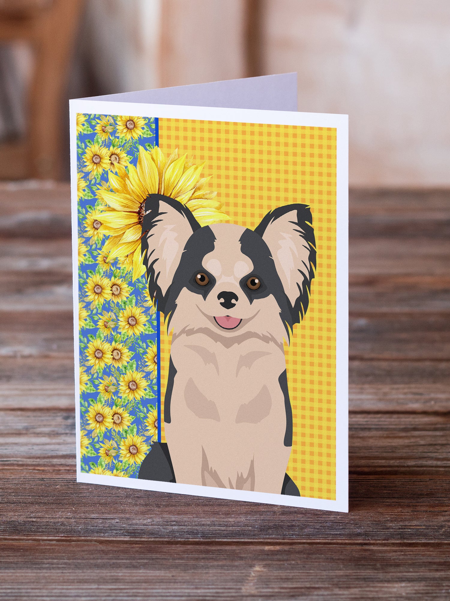 Buy this Summer Sunflowers Longhaired Black and White #2 Chihuahua Greeting Cards and Envelopes Pack of 8