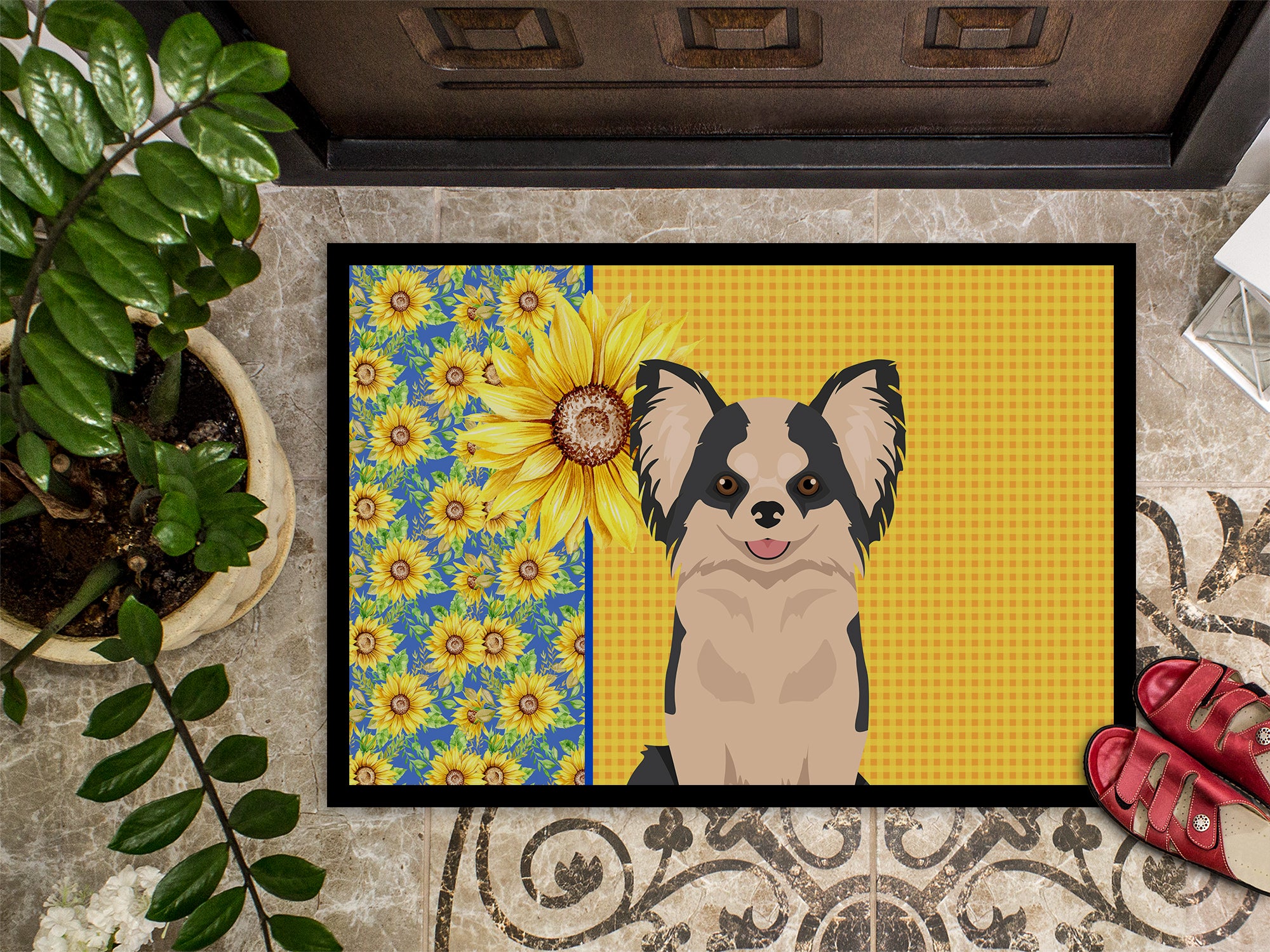 Summer Sunflowers Longhaired Black and White #2 Chihuahua Indoor or Outdoor Mat 24x36 - the-store.com