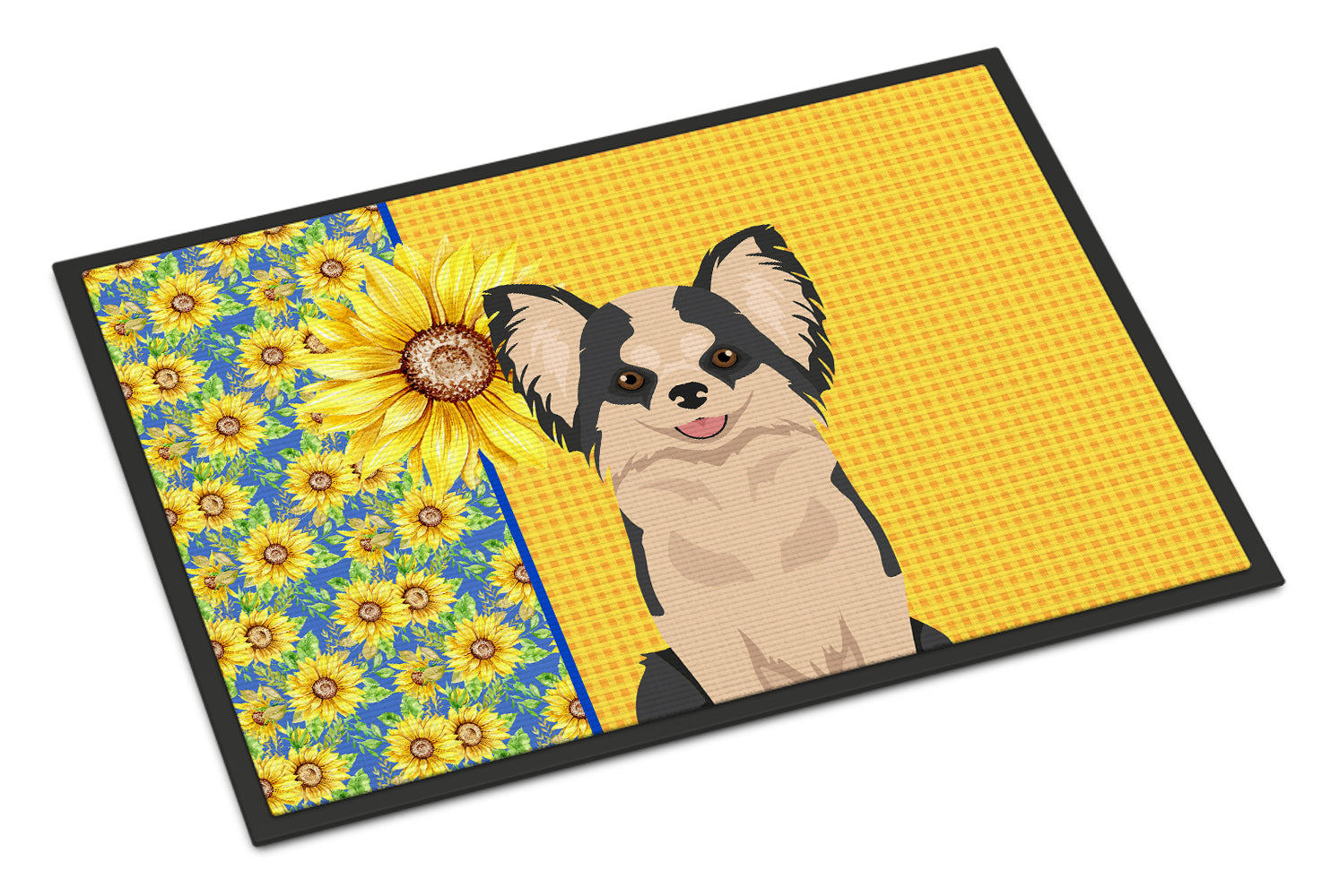 Buy this Summer Sunflowers Longhaired Black and White #2 Chihuahua Indoor or Outdoor Mat 24x36