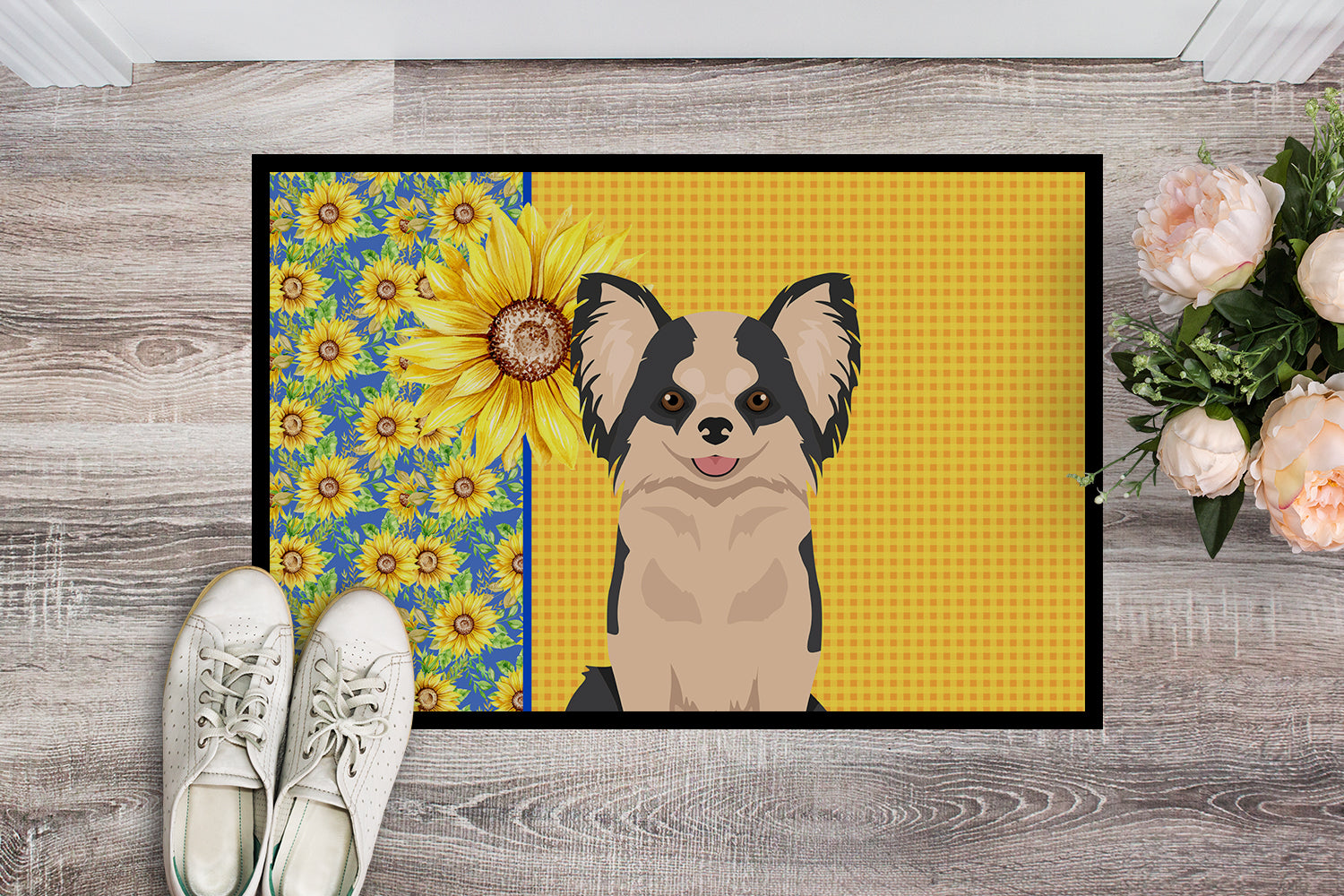 Summer Sunflowers Longhaired Black and White #2 Chihuahua Indoor or Outdoor Mat 18x27 - the-store.com