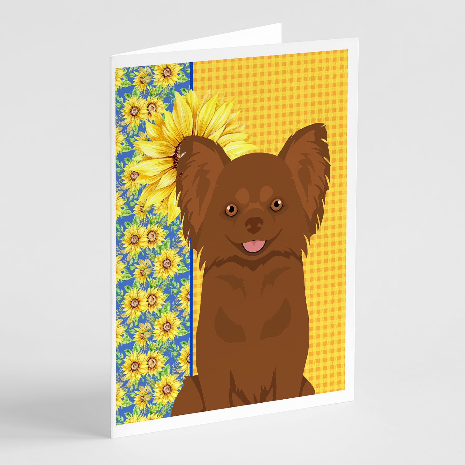 Buy this Summer Sunflowers Longhaired Chocolate Chihuahua Greeting Cards and Envelopes Pack of 8