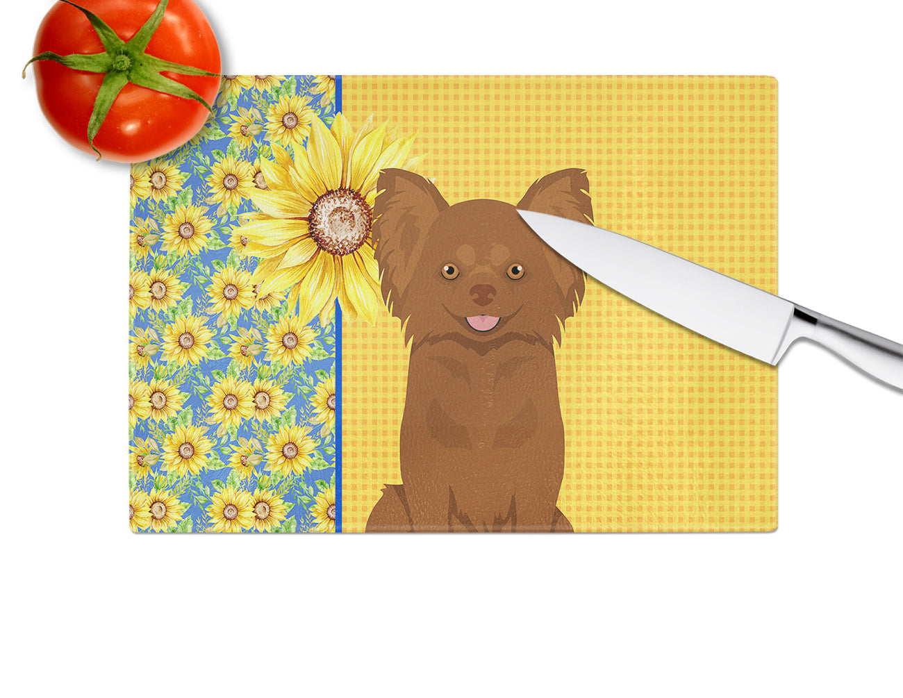 Summer Sunflowers Longhaired Chocolate Chihuahua Glass Cutting Board Large - the-store.com