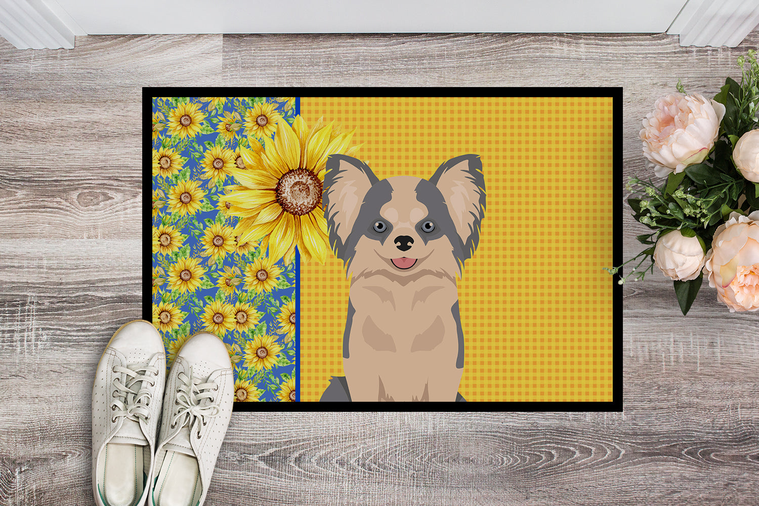 Summer Sunflowers Longhaired Blue and White Chihuahua Indoor or Outdoor Mat 24x36 - the-store.com