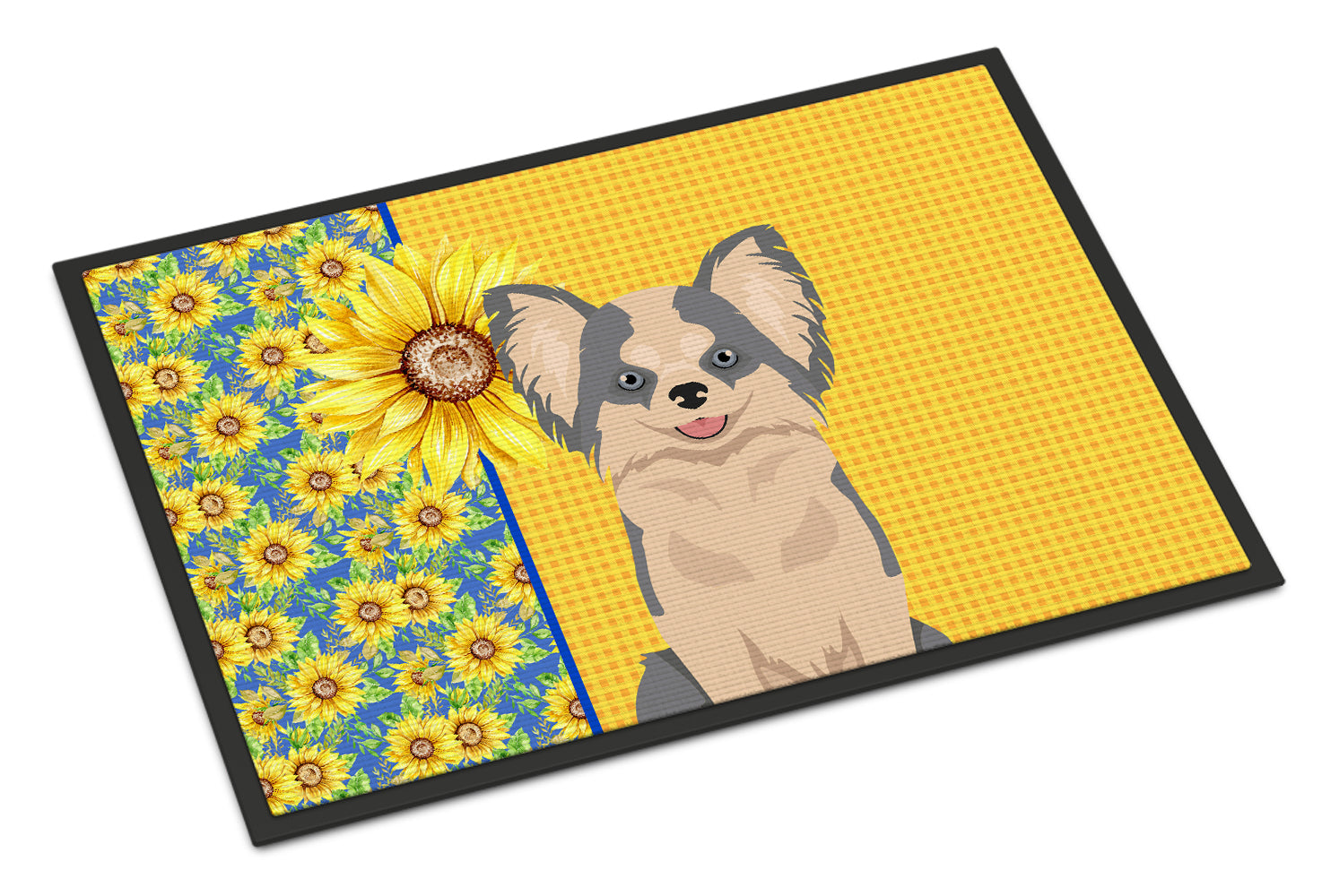 Buy this Summer Sunflowers Longhaired Blue and White Chihuahua Indoor or Outdoor Mat 24x36