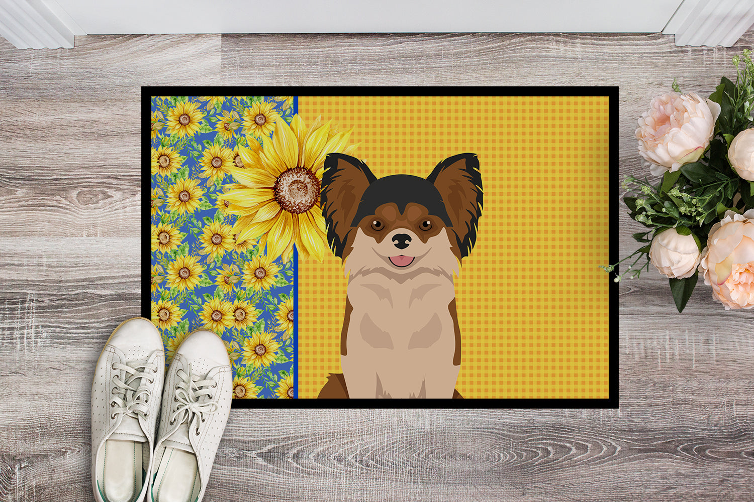 Summer Sunflowers Longhaired Black and Red Chihuahua Indoor or Outdoor Mat 24x36 - the-store.com