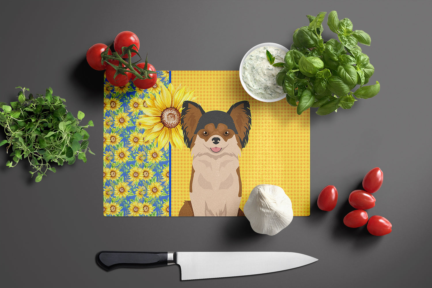 Summer Sunflowers Longhaired Black and Red Chihuahua Glass Cutting Board Large - the-store.com