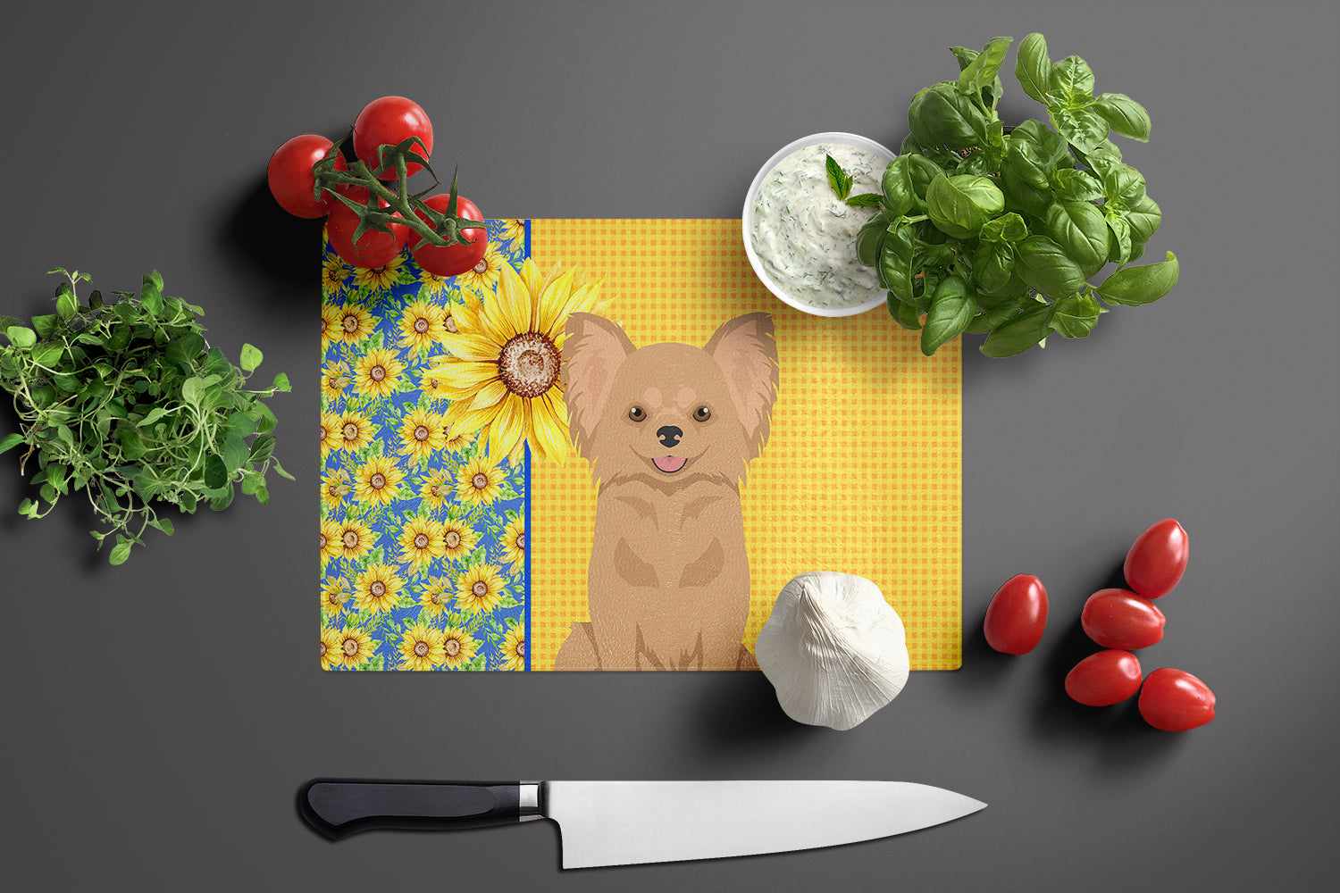 Summer Sunflowers Longhaired Gold Chihuahua Glass Cutting Board Large - the-store.com