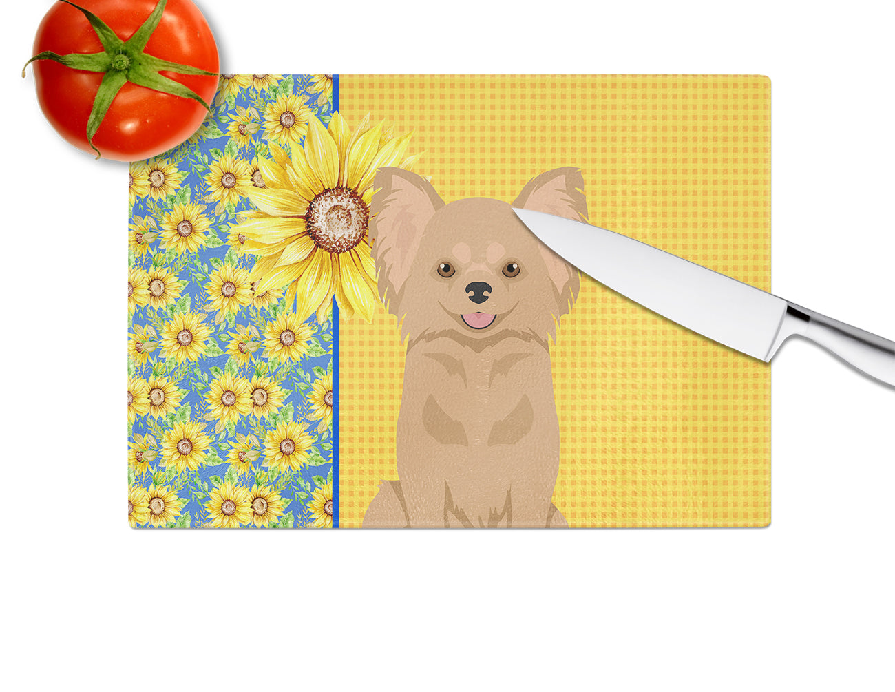 Summer Sunflowers Longhaired Gold Chihuahua Glass Cutting Board Large - the-store.com