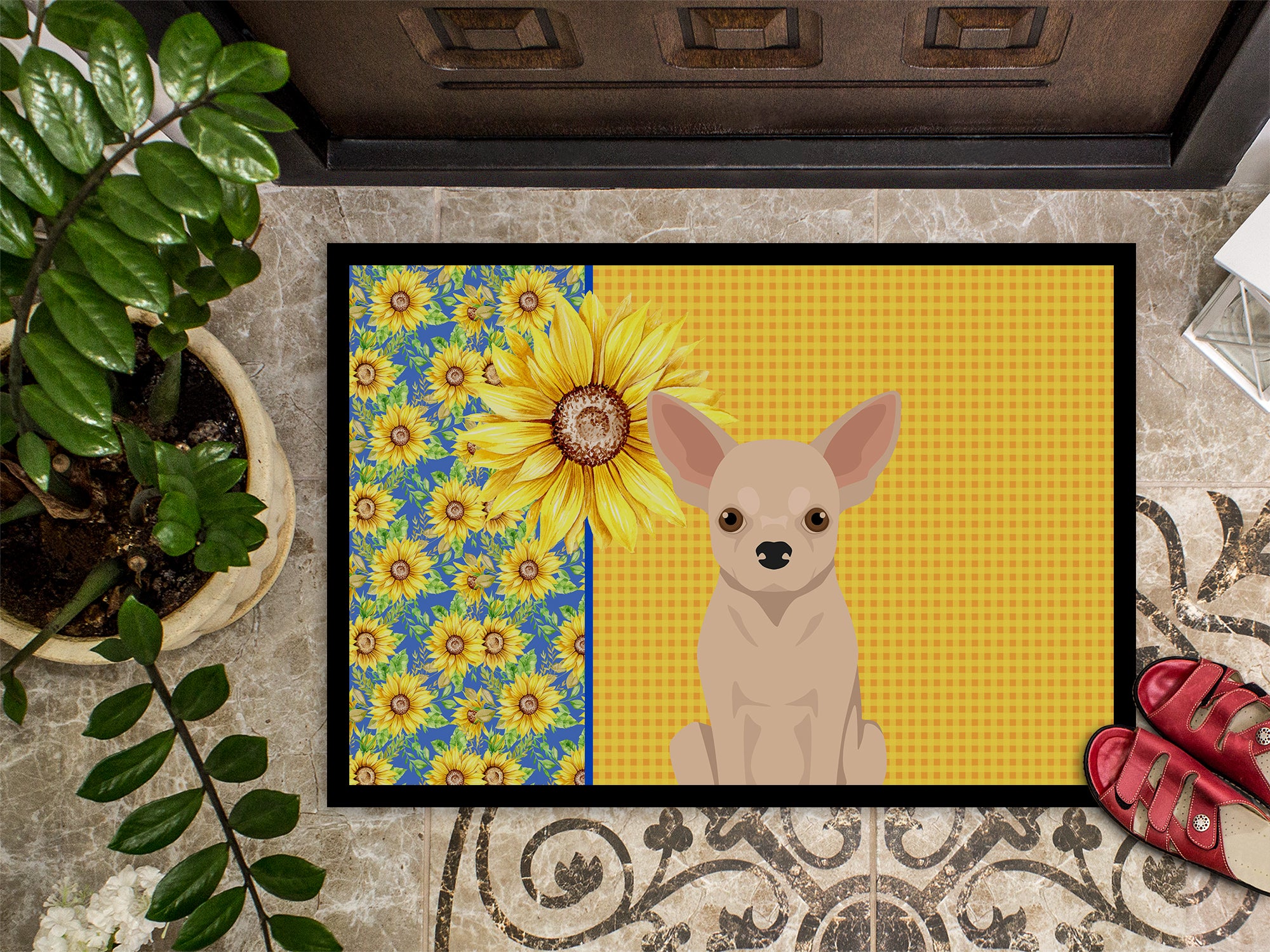 Summer Sunflowers Fawn Chihuahua Indoor or Outdoor Mat 18x27 - the-store.com