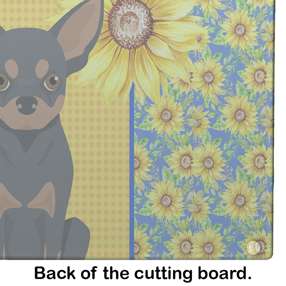 Summer Sunflowers Black and Tan Chihuahua Glass Cutting Board Large - the-store.com