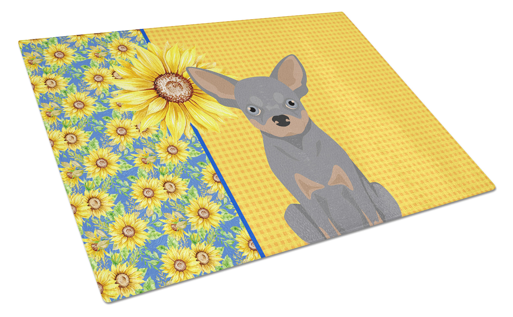 Buy this Summer Sunflowers Blue and Tan Chihuahua Glass Cutting Board Large