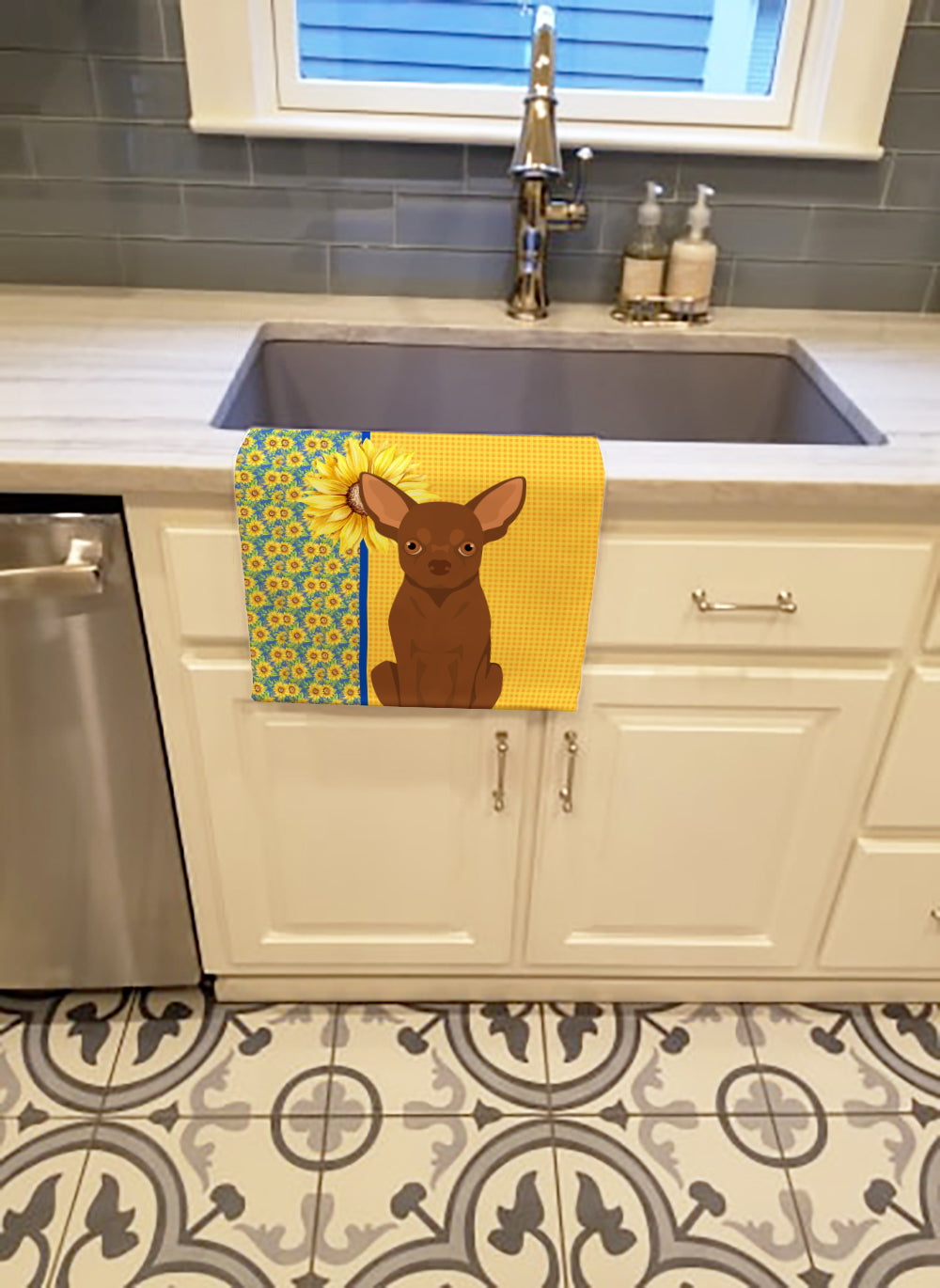 Summer Sunflowers Chocolate Chihuahua Kitchen Towel - the-store.com