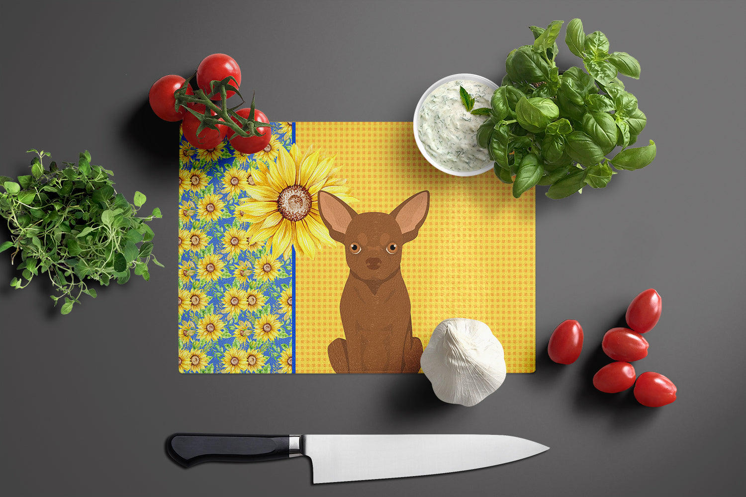 Summer Sunflowers Chocolate Chihuahua Glass Cutting Board Large - the-store.com