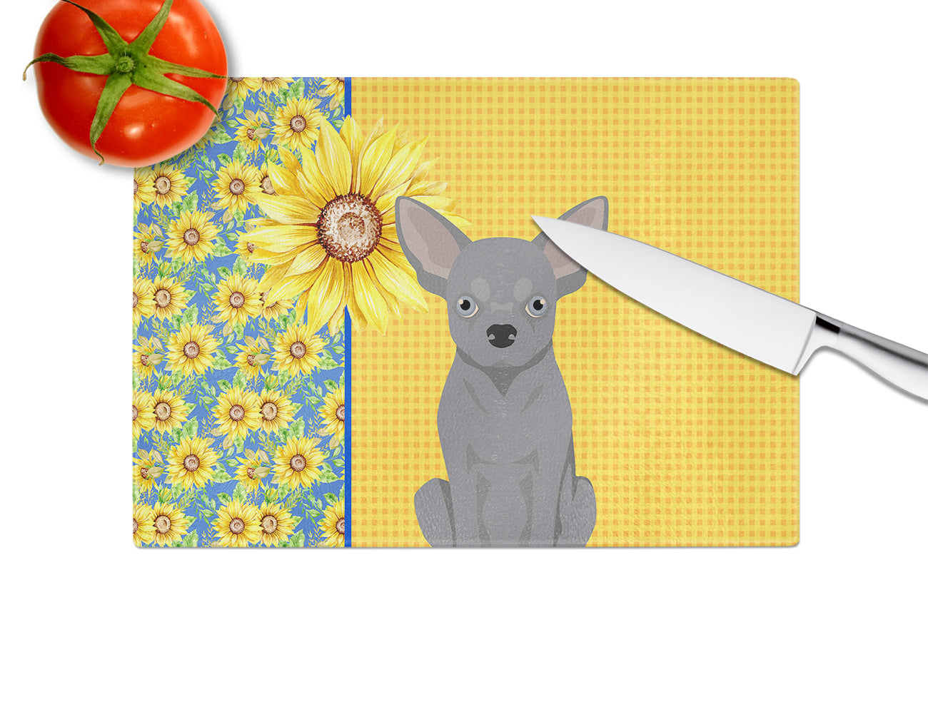 Summer Sunflowers Blue Chihuahua Glass Cutting Board Large - the-store.com