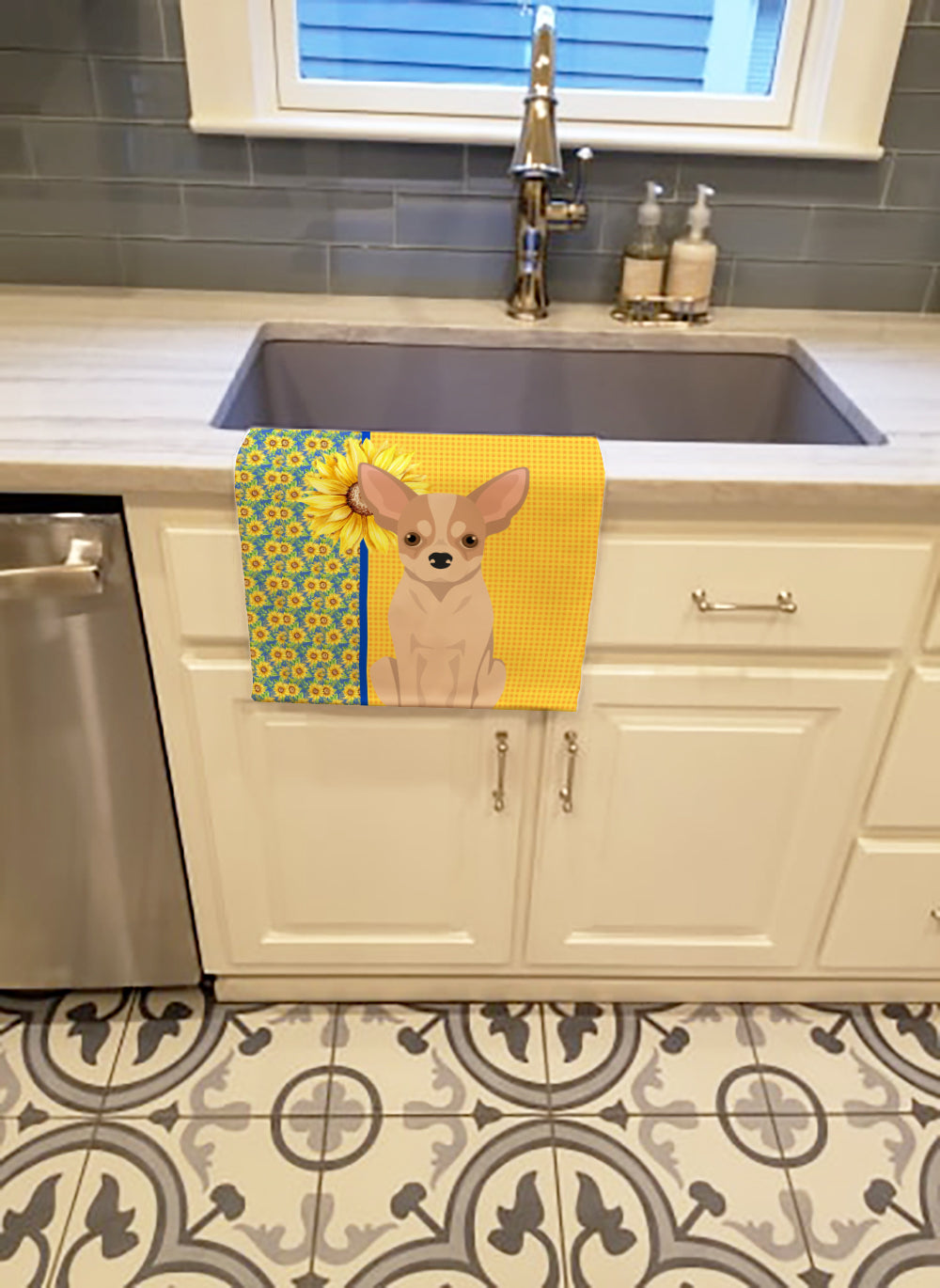 Buy this Summer Sunflowers Fawn and White Chihuahua Kitchen Towel