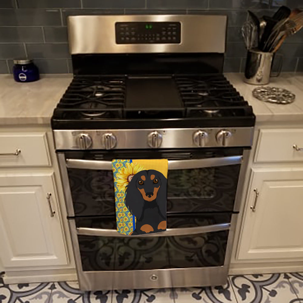 Summer Sunflowers Longhair Black and Tan Dachshund Kitchen Towel - the-store.com