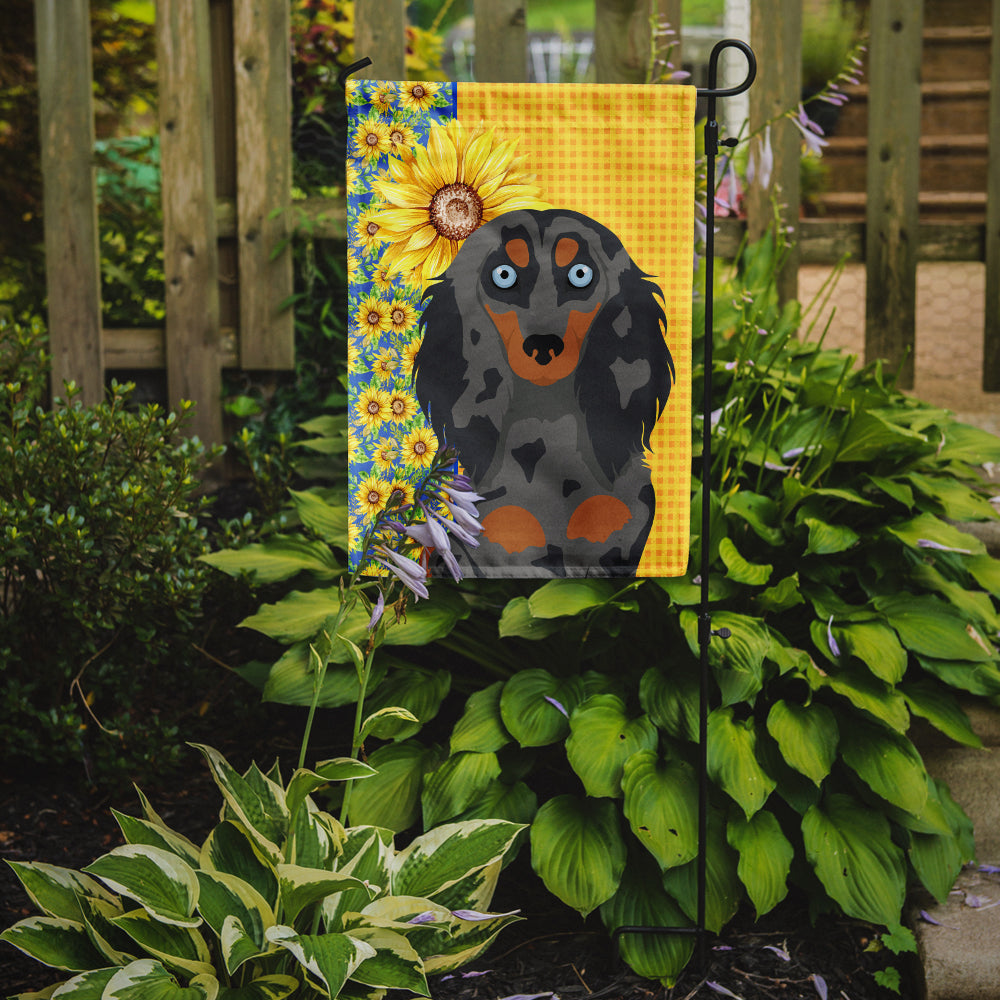 Summer Sunflowers Longhair Blue and Tan Dapple Dachshund Flag Garden Size  the-store.com.