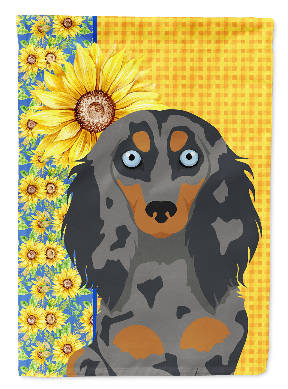 Summer Sunflowers Longhair Blue and Tan Dapple Dachshund Flag Garden Size  the-store.com.