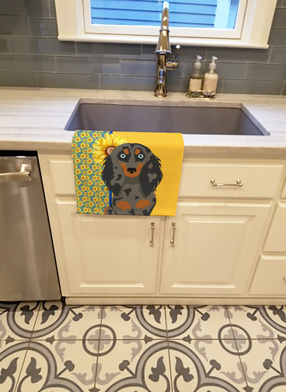 Buy this Summer Sunflowers Longhair Blue and Tan Dapple Dachshund Kitchen Towel