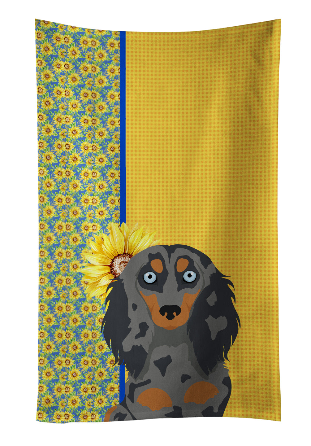 Buy this Summer Sunflowers Longhair Blue and Tan Dapple Dachshund Kitchen Towel