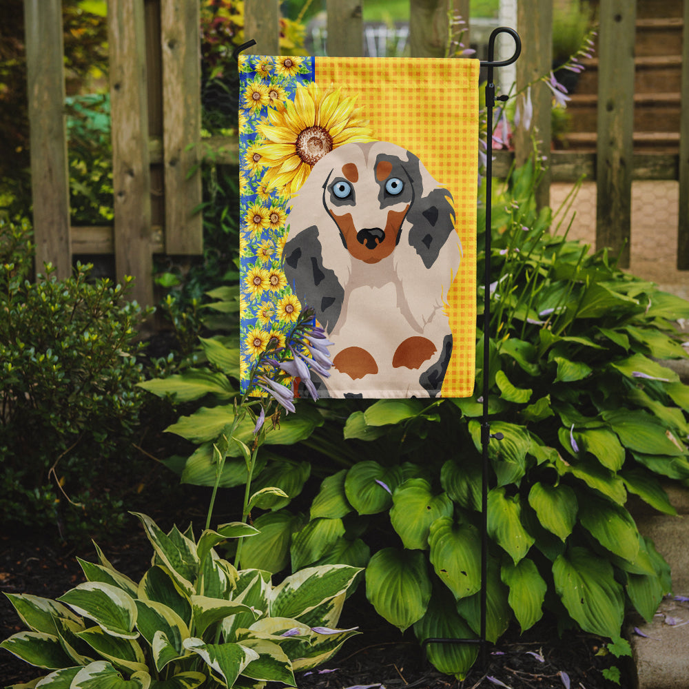 Summer Sunflowers Longhair Cream Dapple Dachshund Flag Garden Size  the-store.com.