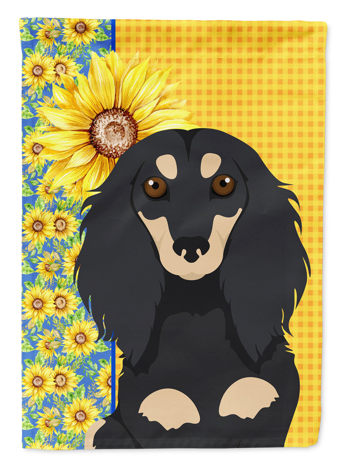 Summer Sunflowers Longhair Black and Cream Dachshund Flag Garden Size  the-store.com.