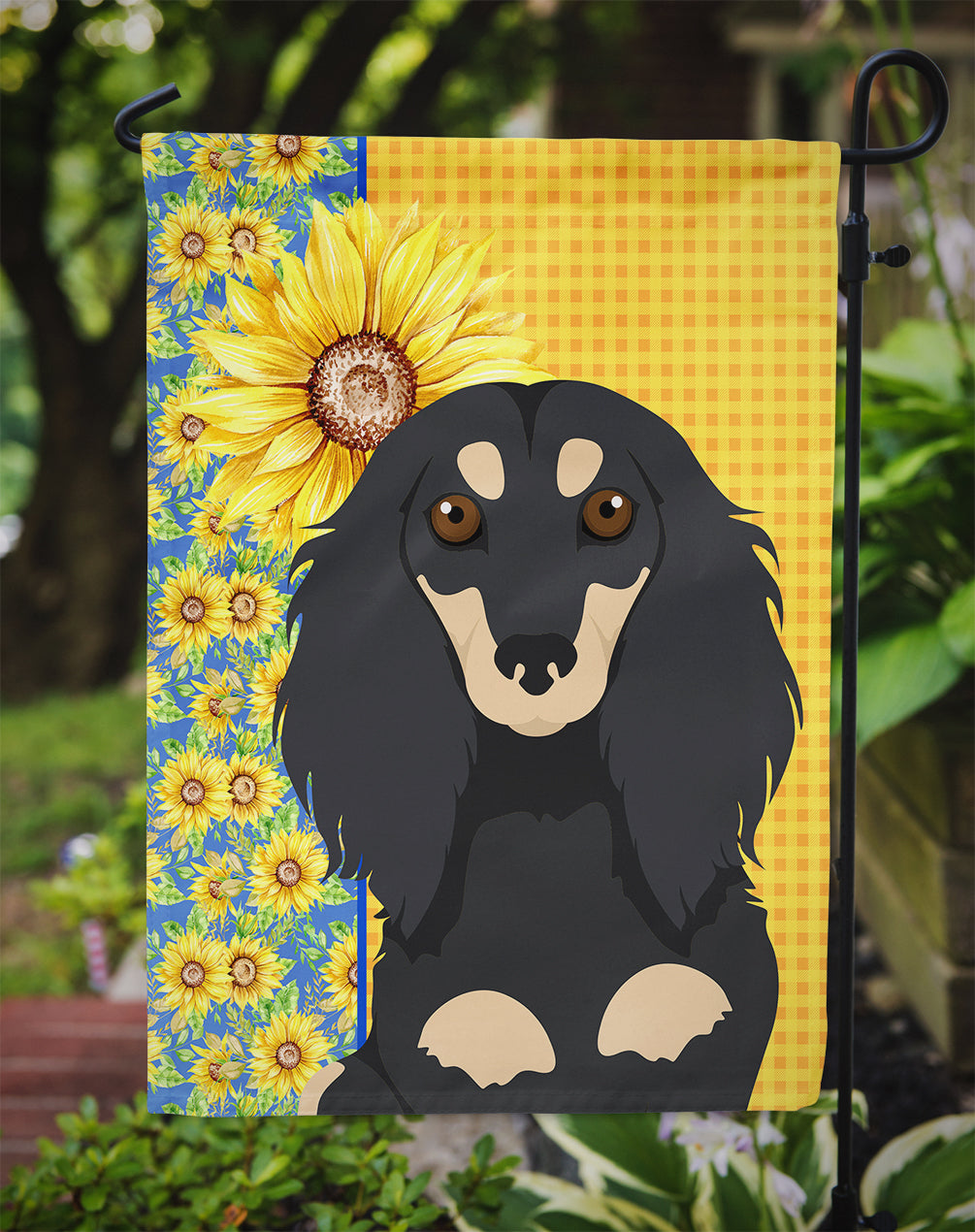 Summer Sunflowers Longhair Black and Cream Dachshund Flag Garden Size  the-store.com.