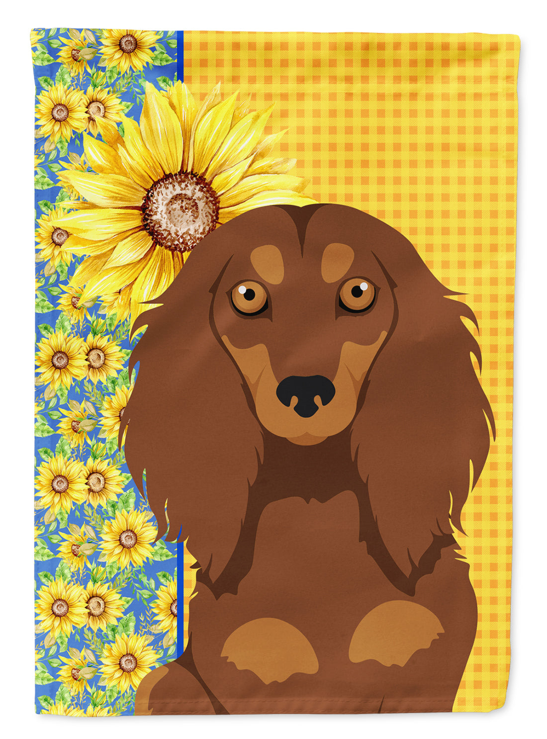 Summer Sunflowers Longhair Chocolate and Tan Dachshund Flag Garden Size  the-store.com.