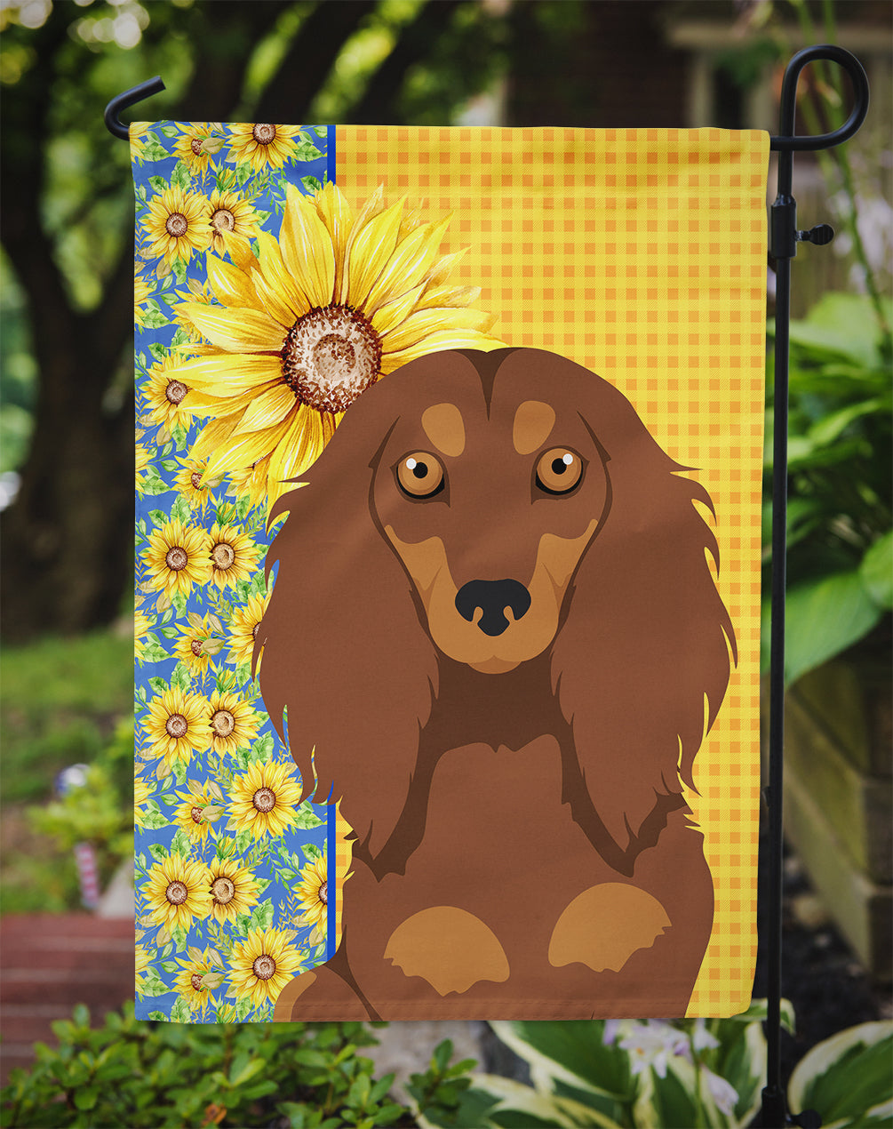 Summer Sunflowers Longhair Chocolate and Tan Dachshund Flag Garden Size  the-store.com.