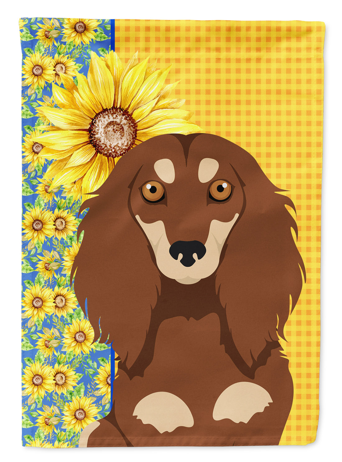 Summer Sunflowers Longhair Chocolate and Cream Dachshund Flag Garden Size  the-store.com.