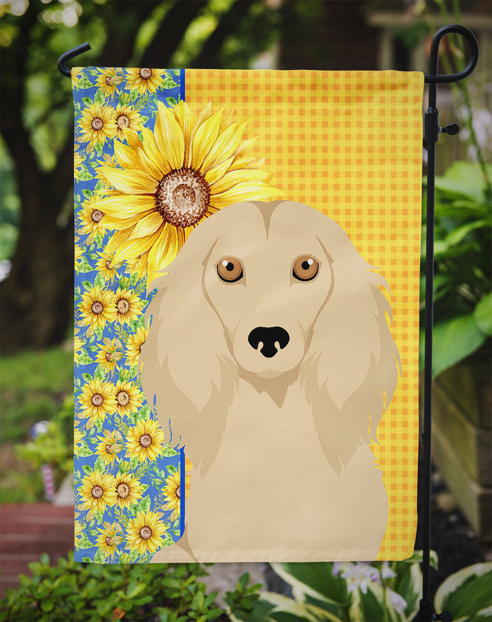 Summer Sunflowers Longhair Cream Dachshund Flag Garden Size  the-store.com.