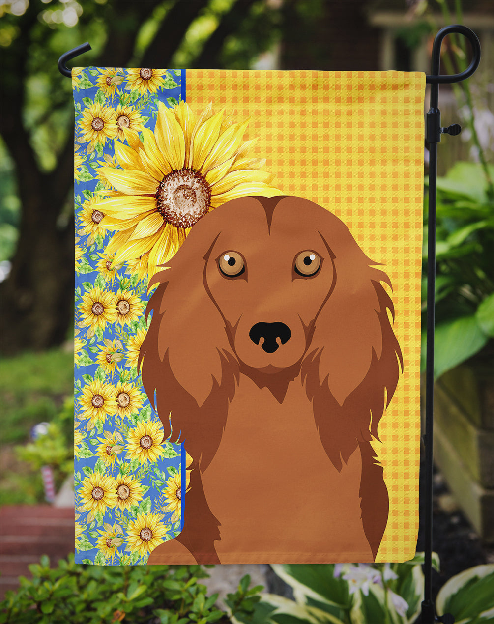 Summer Sunflowers Longhair Red Dachshund Flag Garden Size  the-store.com.