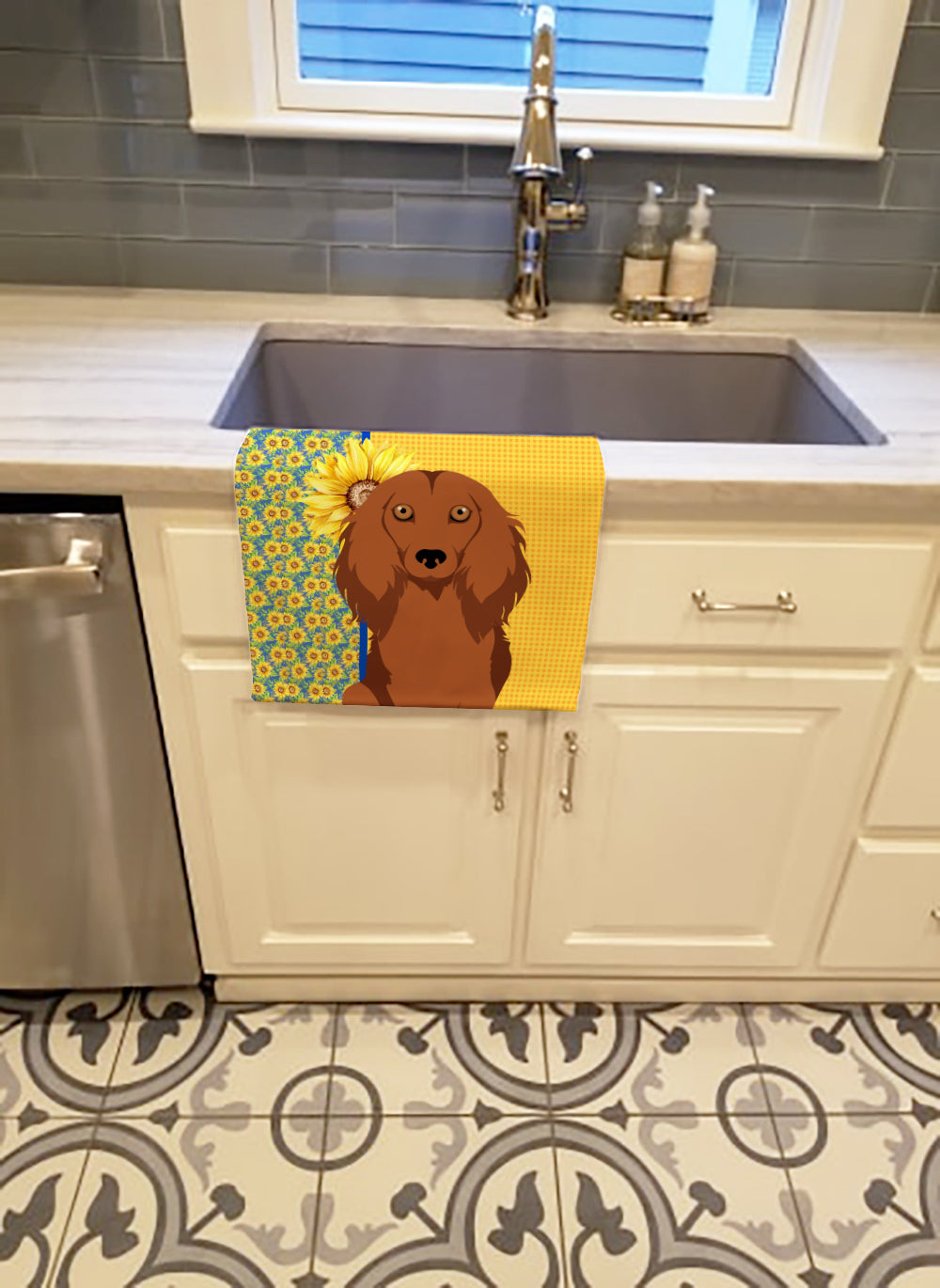 Buy this Summer Sunflowers Longhair Red Dachshund Kitchen Towel