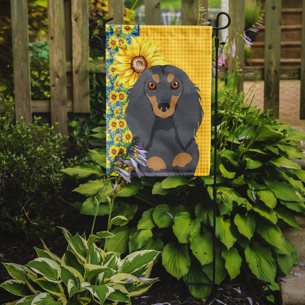 Summer Sunflowers Longhair Blue and Tan Dachshund Flag Garden Size  the-store.com.