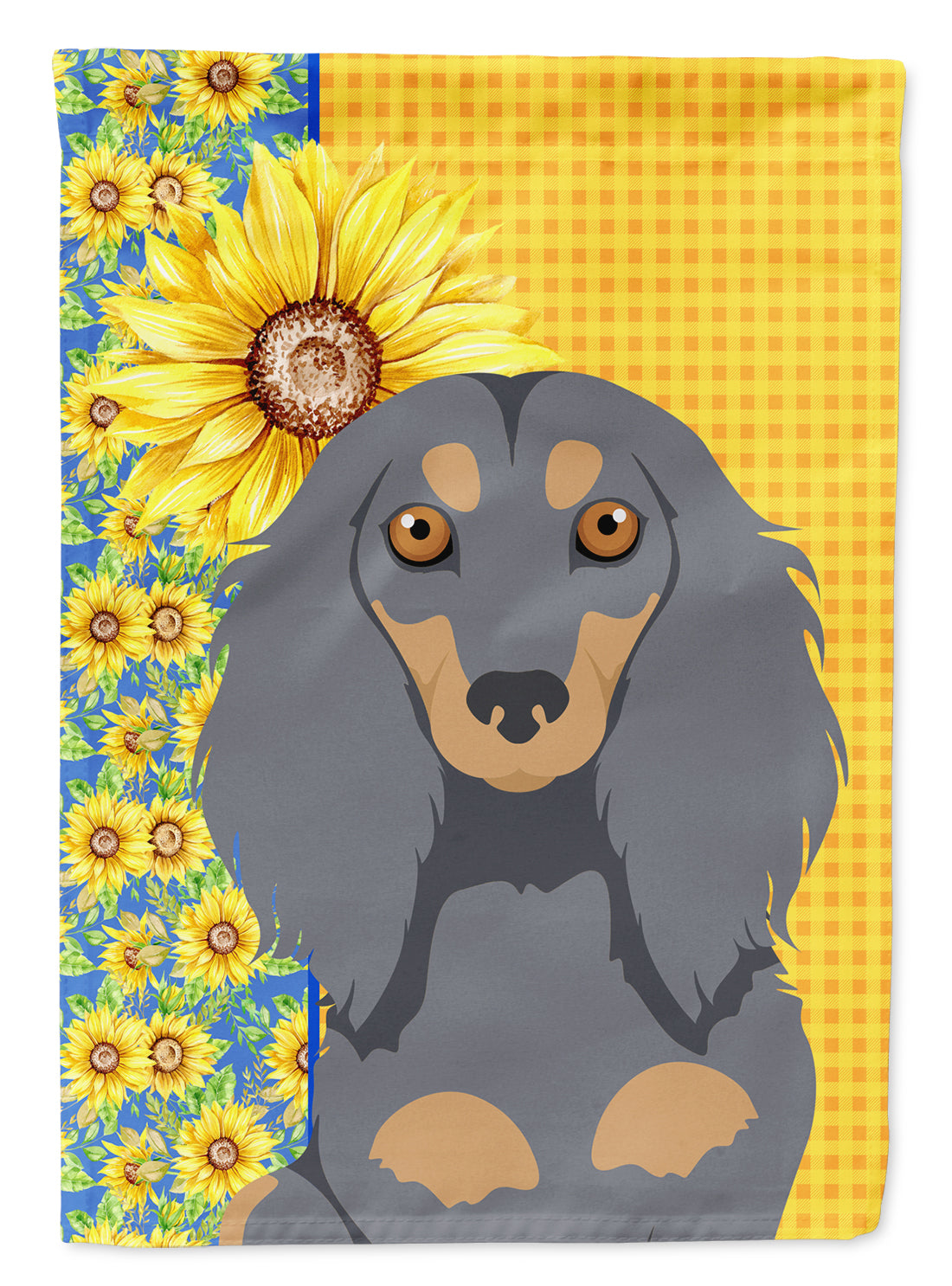 Summer Sunflowers Longhair Blue and Tan Dachshund Flag Garden Size  the-store.com.