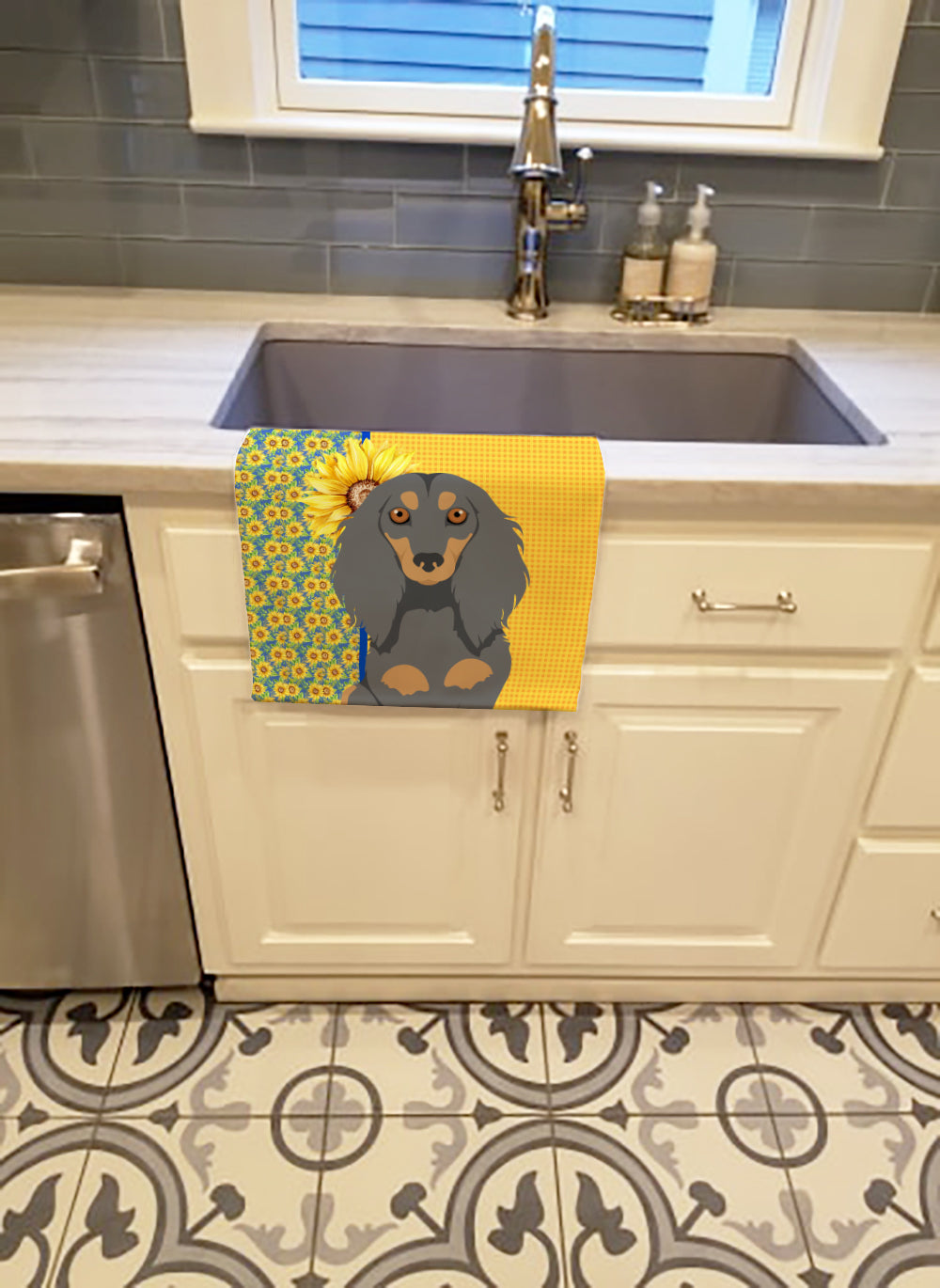 Summer Sunflowers Longhair Blue and Tan Dachshund Kitchen Towel - the-store.com