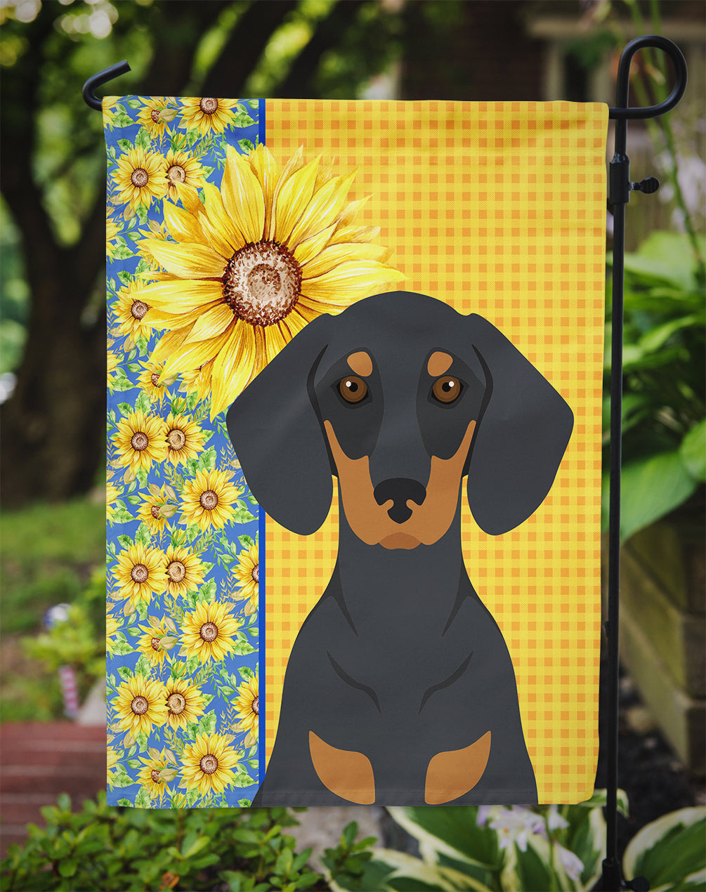 Summer Sunflowers Black and Tan Dachshund Flag Garden Size  the-store.com.