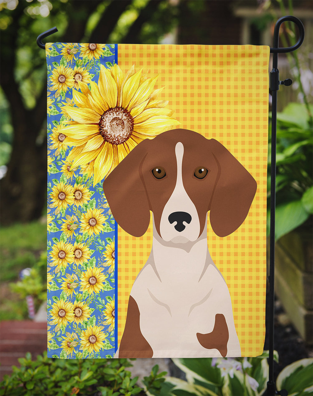 Summer Sunflowers Red Piebald Dachshund Flag Garden Size  the-store.com.